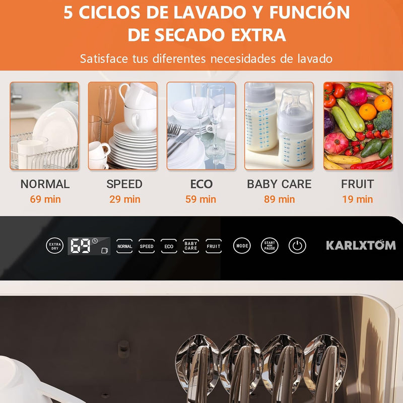 Karlxtom Lavavajillas de encimera, Mini Lavavajillas Portatil, Pantalla LED, 6 Programas,45CM