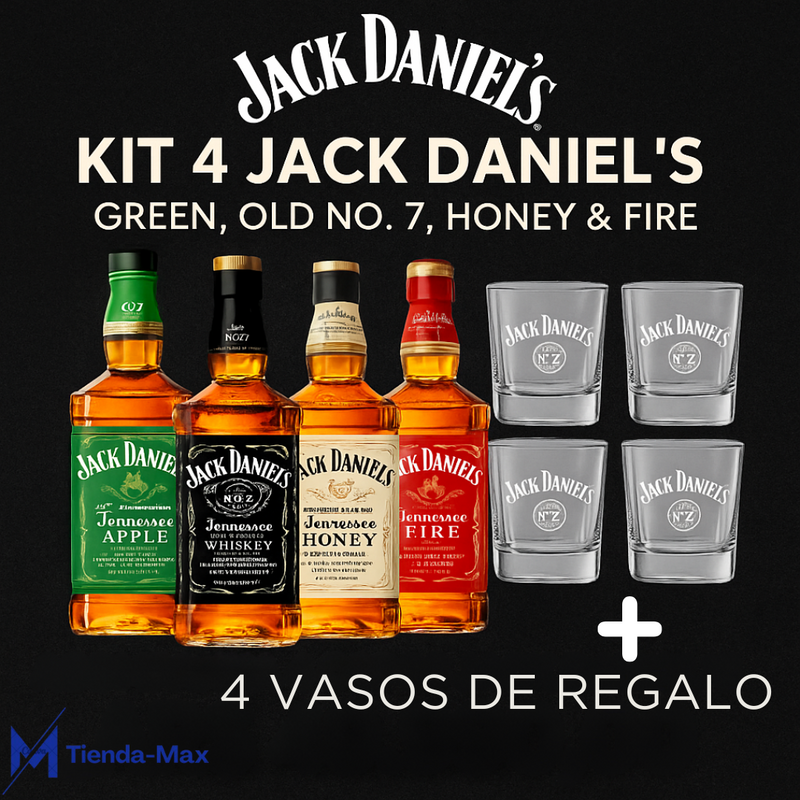 KIT JACK DANIEL’S – FIRE, HONEY, GREEN & OLD NO. 7 + 4 VASOS DE REGALO