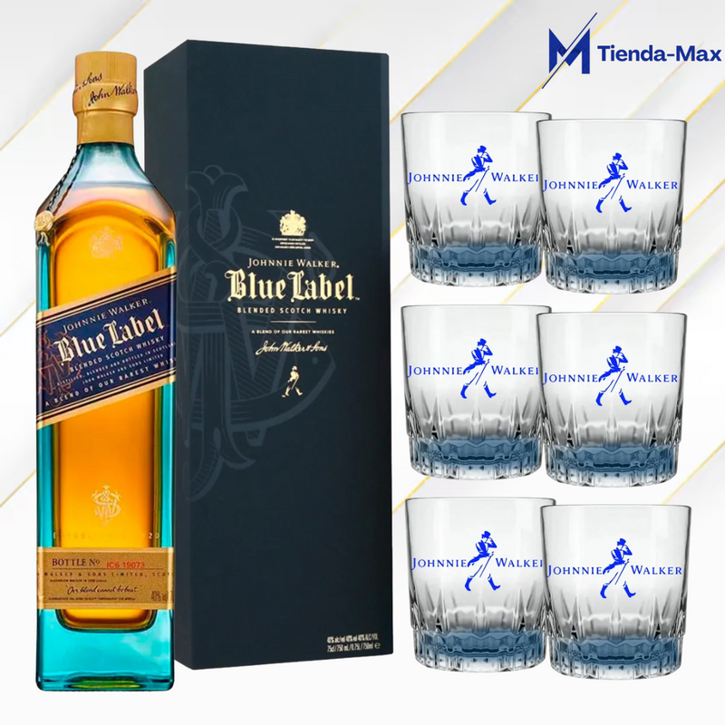 WHISKY JOHNNIE WALKER BLUE LABEL + ESTUCHE PREMIUM + 6 VASOS DE REGALO